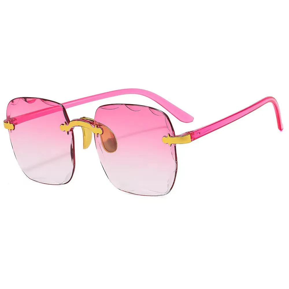 Square gradient sunglasses, pink frame with rose-to-white gradient lenses and gold accents