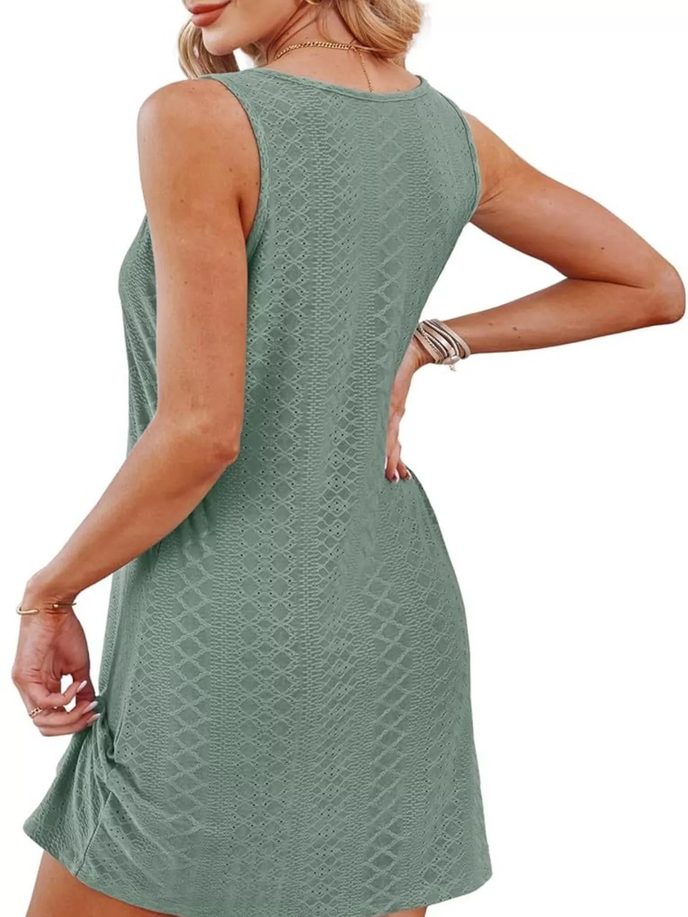 Teal sleeveless tank dress, textured knit, scoop back and knotted drape hem