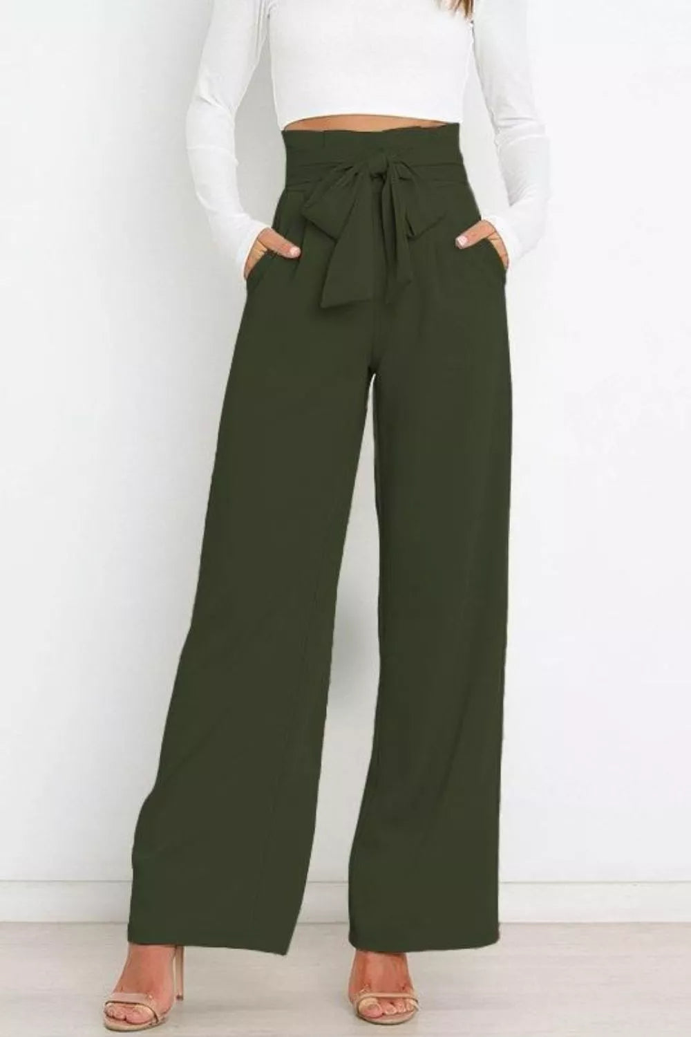 Dark green high-waist tie-front wide-leg pants with gathered waist bow detail