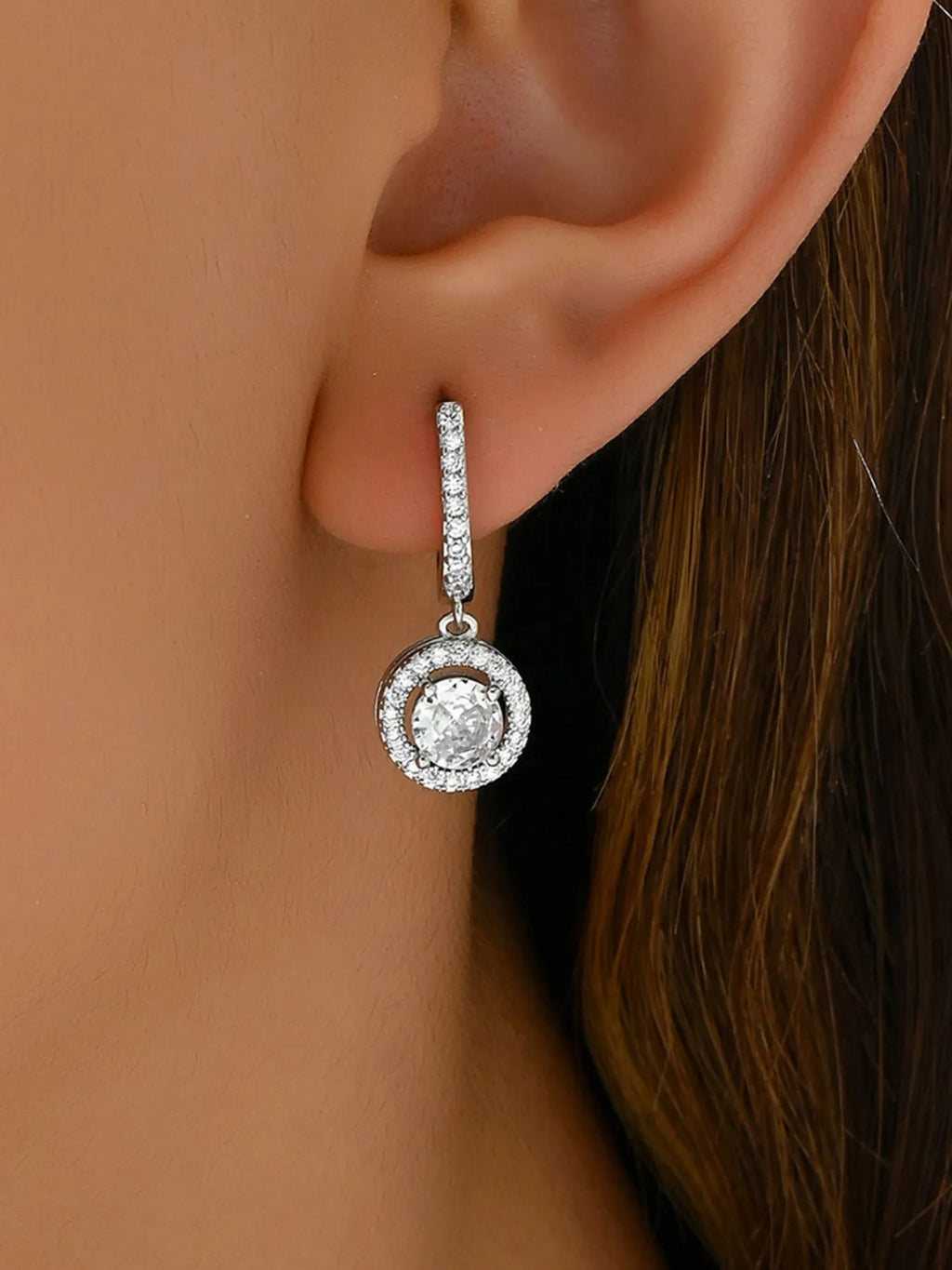 Silver zircon drop earrings, round crystal halo on a narrow hoop